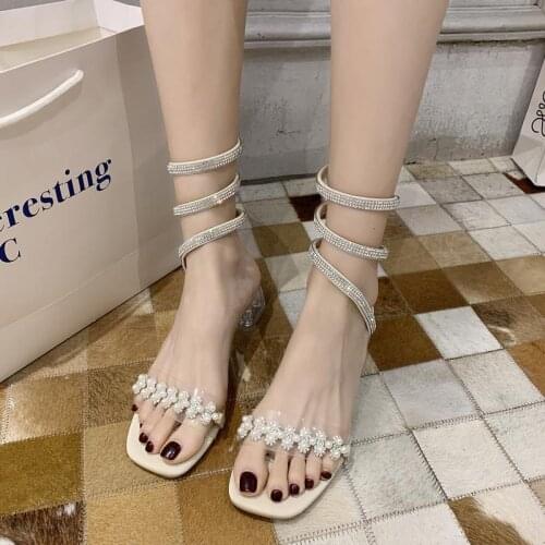 Fairy Wind Snake-shaped Winding Sandals Female Ins Tide 2021 Summer New Pearl Transparent Thick Heel with Skirt Female Sandals