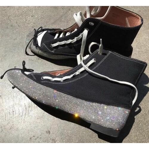 2018 Newest Luxury Rhinestone Patchwork Ladies Fashion Canvas Ankle Boots Thin Bow Toe Women Lace Up Flat Botos Pink Satin Boots