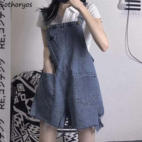 Women Denim Rompers Solid Vintage Simple All-match Japan Style Kawaii Students Ripped Overalls Chic Streetwear Playsuits Holes