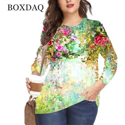 6XL Oversized Ladies Tops Women Plus Size Floral 3D Print T Shirt Loose V-Neck Long Sleeve Casual Tee 2021 Autumn New Streetwear