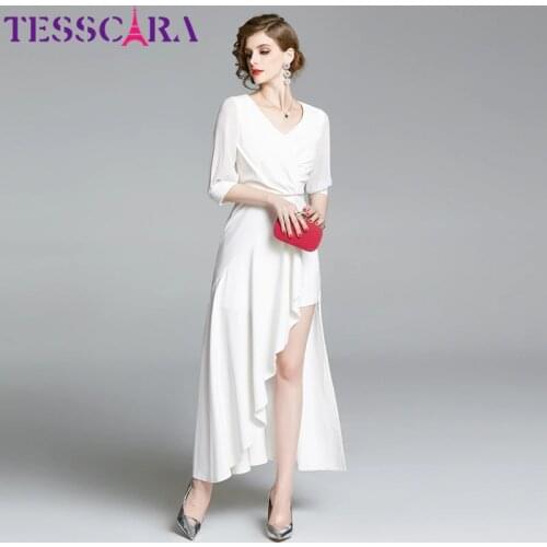 TESSCARA Women Summer Elegant White Dress Festa High Quality Long Asymmetrical Party Robe Femme Vintage Designer V-neck Vestidos