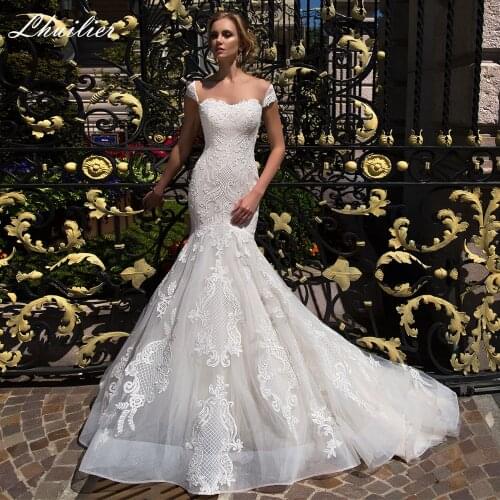 Lhuilier Illusion Scoop Neck Mermaid Wedding Dresses 2021 Lace Appliques Floor Length Sleeveless Bridal Gowns Court Train