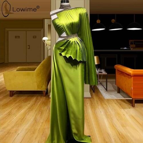 Dubai Green Long Sleeve Evening Dresses High Neck Ruched Cut-out Split Evening Gowns Saudi Arabia Fomal Dress Robes Abiye