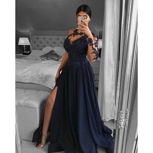 One Shoulder Navy Blue Dubai Evening Dresses Long Sleeve A-Line Split Satin Lace Beaded Formal Prom Dress Robe De Soiree 2021