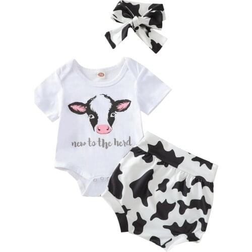 3 Pcs Newborn Casual Outfits Baby Girl Letter & Cow Pattern Round Neck Short Sleeve Romper + Shorts + Headband