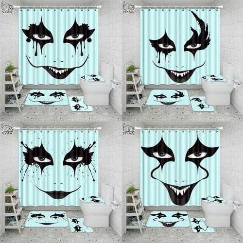 3D BlueTerror Clown Shower Curtain Sets Non-Slip Rugs Toilet Lid Cover and Bath Mat Horror Print Waterproof Bathroom Curtains