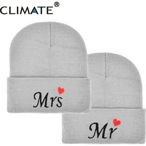 CLIMATE MR MRS Beanie Couple Lover Embroidery Knit Beanie Cartoon Warm Cute Soft Skullies Hats Lovely Beanies Kids Cap Knit Hat