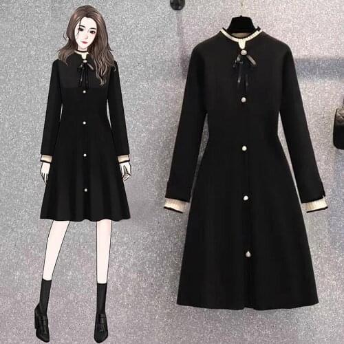 EHQAXIN 2021 Autumn Knit Dresses For Womens New Style French Elegant Bowknot Button Pullover Long Sleeve All-Match Dress L-4XL