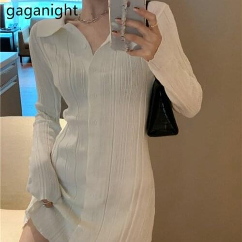 Gaganight Korean Fashion Slim Single Breasted Knitted Mini Dresses Sexy French Solid Elegant Vestidos Long Sleeve Spring Summer