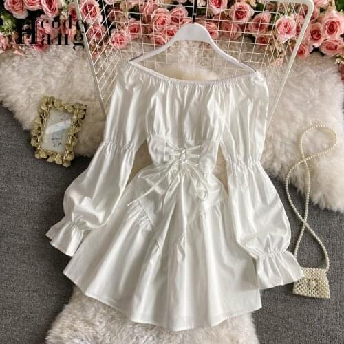 HangCode Vintage Gothic Bandage Slim Waist Women Dress Spring Autumn Fashion Elegant Puff Sleeve White Black Short Party Dress