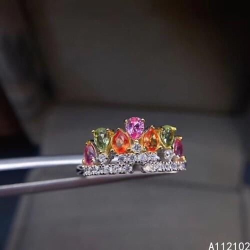 KJJEAXCMY fine jewelry 925 sterling silver inlaid Natural color sapphire New girls classic rainbow color gem crown ring support