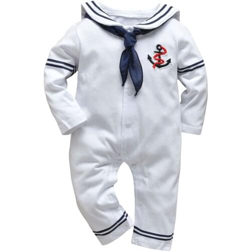 Cool Newborn Baby Boys Girls Romper Long Sleeve Solid White Color Navy Sailor Uniforms Onesie Infant Baby Clothes Outfits