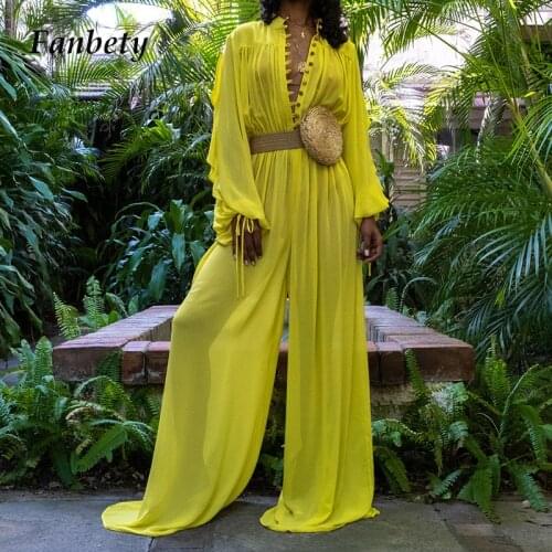 Fashion Loose Wide Leg Jumpsuit Ladies Stand Collar Button Party Romper Women Elegant Long Sleeve Cool Chiffon Playsuit Overalls