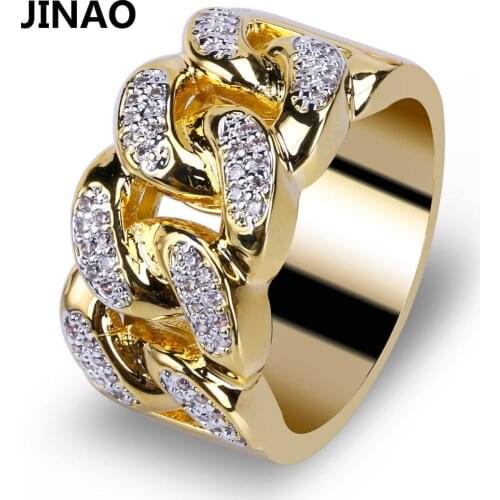 JINAO Gold Hip Hop Rings All Iced Out Micro Pave Cubic Zircon 13mm Width Cuban Chain Ring for Men