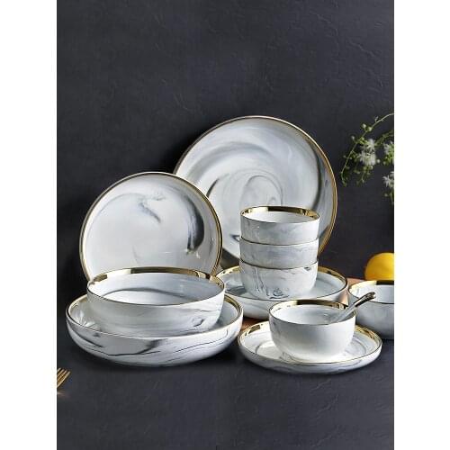 1PC Marble stripes Ceramic Party Tableware Set Dessert pastries Dish Porcelain Breakfast Plates Noodle Bowl Kitchen supplies