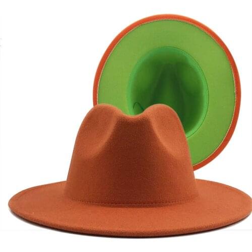 Orange Simple Outer Inner green Wool Felt Jazz Fedora Hats with Thin Belt Buckle Men Women Wide Brim Panama Trilby Cap 56-58CM