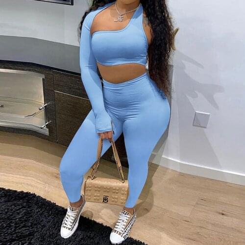 2021 Autumn Winter New Style Sporty Casual Solid 2 Piece Set Irregular One Shoulder Cropped Top + Skinny Full Pants Sexy Outfits