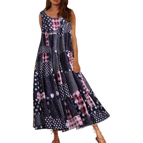 Summer Woman Maxi Dress Bohemian Cotton And Linen Floral Print Sleeveless Pockets Beach Casual Loose Long Shirt Dress Plus Sizes