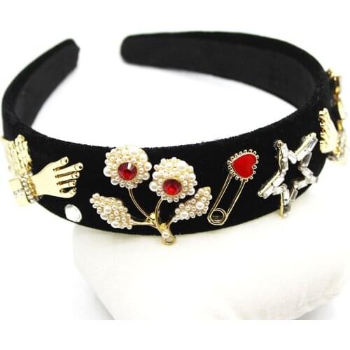 Baroque Headband Hair Accessories Hair Decoration Head Band Geometric Pentagram pin golden finger Velvet Pearl Cherry Flower hot