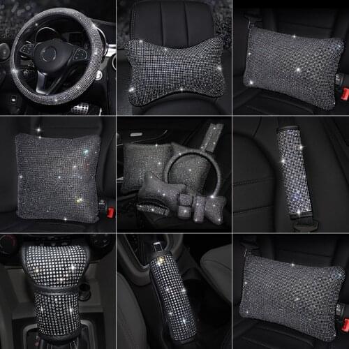 Luxury Bling Steering Wheel Cover Car Neck Pillow Crystal Rhinestone Auto Car Interior Accerissories Protector Women
