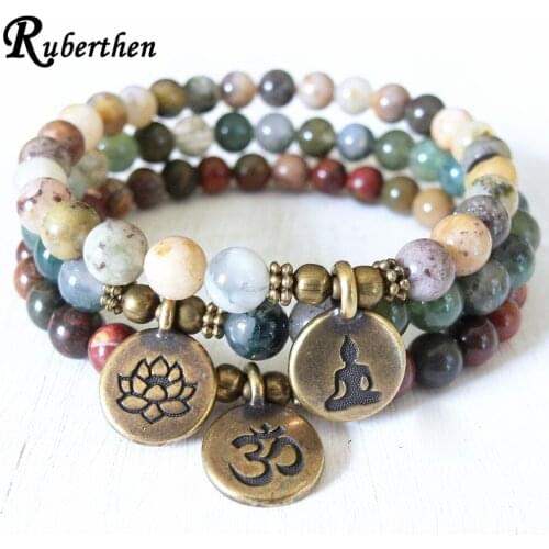 Ruberthen Natural Moss Agates Lotus Charm Bracelet High Quality Crazy Stone Buddha Bracelet Fashion Women`s Yogi Wrist Jewelry