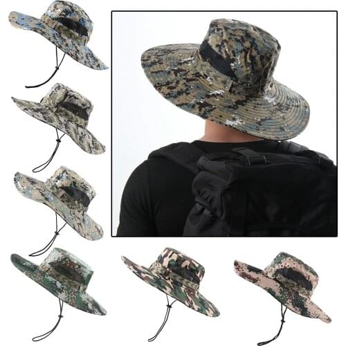 Wide Brim Hat Summer Outdoor Camo Bucket Hat with Breathable Mesh for Travel Fishing Camping Hiking Sun Protection