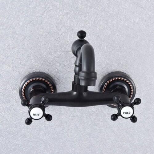 Black Oil Rubbed Bronze Brass Wall Mounted Dual Cross Handles Kitchen Bathroom Vessel Sink Faucet Mixer Taps asf741