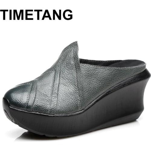 TIMETANG 2020 Genuine Leather Women Slippers 8CM High Heels Wedges Summer Shoes Retro Platform Handmade Women Leather Slipper