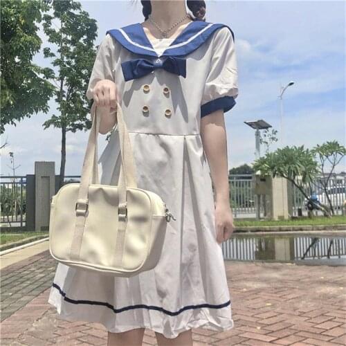 Japanese Summer New College Style Cute Mori Girly Dresses Kawaii Sailor Collar Bow Cute Puff Sleeve Sweet Loose JK Dresses