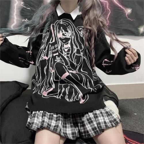 Japanese cartoon knitted sweater Winter women Vintage plus size loose fashion casual punk Harajuku oversized anime women sweater