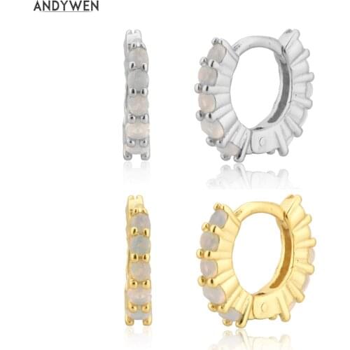 ANDYWEN 925 Sterling Silver Gold 6.2mm Opals Huggies Hoops Piercing Clips 2021 Pendiente Luxury Small Jewellry Pave Zircon CZ