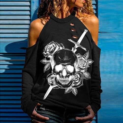 Sexy Off shoulder blouse Womens Halloween Horror Face Skull Printing Long Sleeves Shirt Vintage Hollow Out Streetwear Pullover