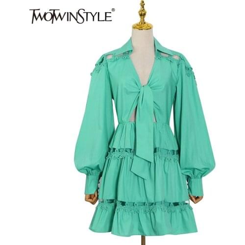 TWOTWINSTYLE Green Sexy Dress For Women V Neck Lantern Long Sleeve Hollow Out High Waist Pullover Mini Dresses Female Summer New