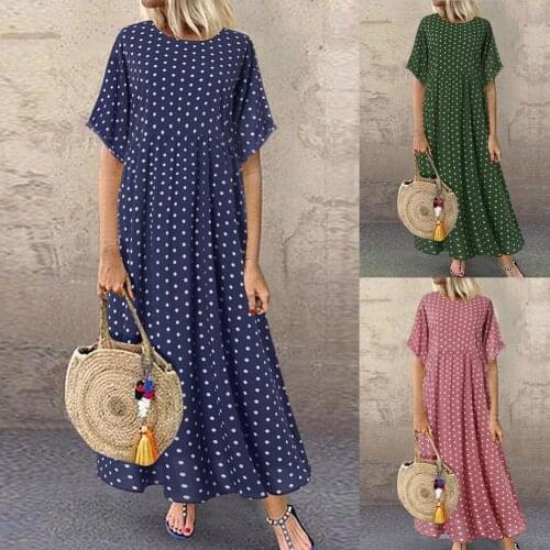 Ladies Summer Dot Print Dress High Waist Round Neck Short Sleeve Long Dress Bohemian Style Women Loose Plus Size Beach Dress
