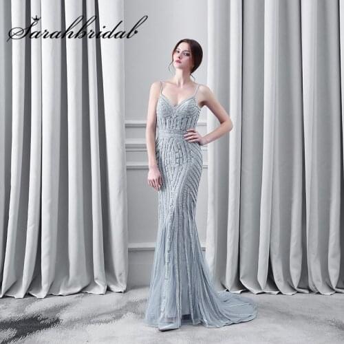 Elegant 2021 Robe De Soiree Mermaid Evening Dresses Long Dubai Arabic Tulle Spaghetti Strap Open Back Beading Prom Gowns LX116