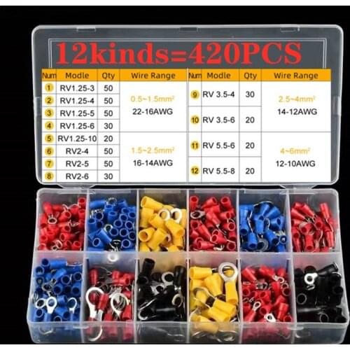 430Pcs/Box RV Ring Terminal Crimp Connector 12 in1 Copper Insulated Cord 0.5-6mm2 Eletrical Wire Cable End Butt SV Bullet Plug
