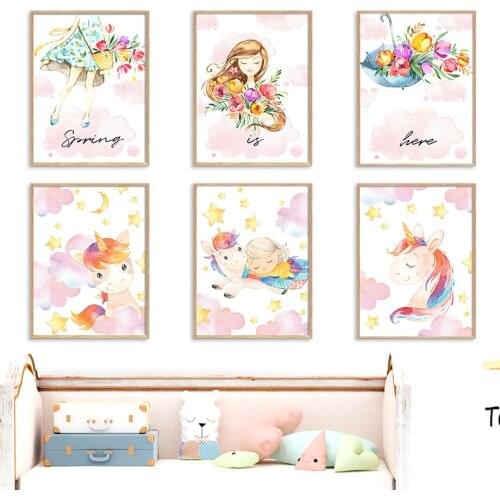 5D Diamond Painting Cartoon Girl Unicorn Flower Umbrella Rainbow Wall Art Nordic Posters Prints Wall Pictures Girls Room Decor