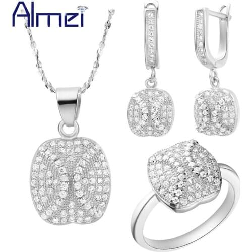 Almei Jewelry Sets Lady Jewellery Silver CZ Zircon Turtle Shell Micro Pave Crystal Rose Gold Color Ring Women Necklace T117