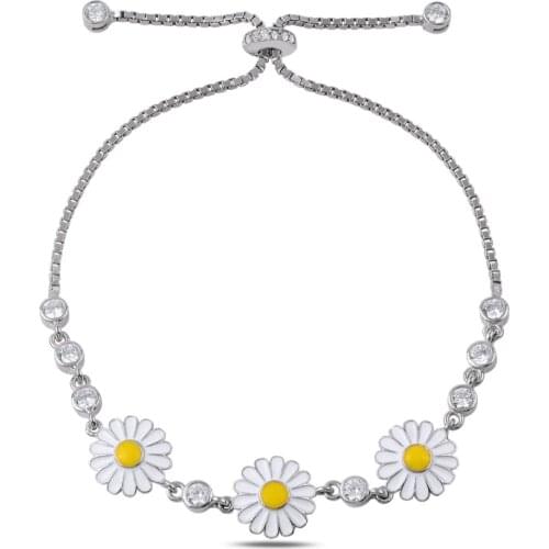 Silver 925 Sterling Zircon Cubic Zirconia and Cabochons Daisy Elevator Bracelet