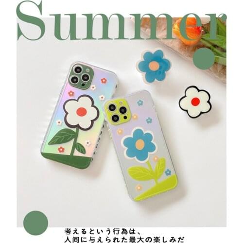 Lovely Summer Flower Phone Case for IPhone 12 Pro Max 11 7 8 Plus X XR XS MAX Laser Cute Soft TPU Cover Capa with Floral Bracket