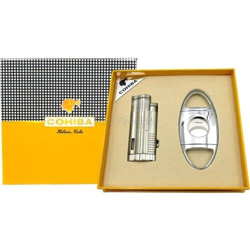 COHIBA Silver Metal Cigar Windproof Lighter 3 Torch Flame Cigarette Cigar Refillable Lighters With Cigar Punch Cutter Gift Set
