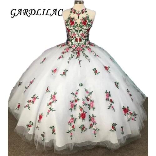 Gardlilac 2020 White Ball Gown Quinceanera Dresses Embroidery Flowers Sheer Neck Backless Sweet 16 Dress Vestidos