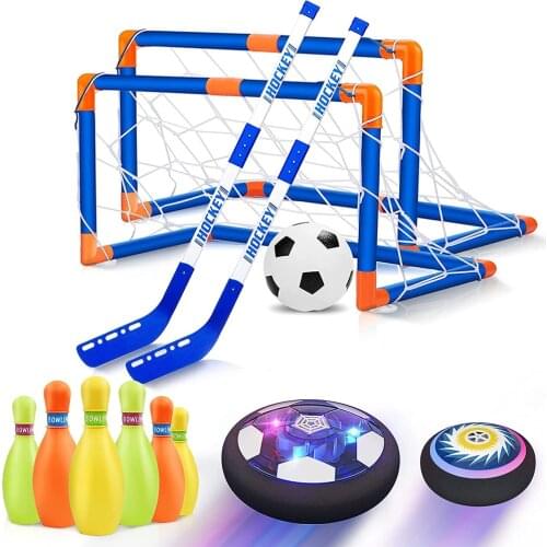 2021 Kids 3 in 1 floating hockey bowling Air power hover soccer balls childrens rechargeable Funny LED light hover football set