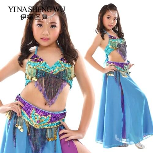 Girls Belly Dance Stage Performance Costumes Beaded Tassel Belt Bra Chiffon Split Skirt kids Practice Dancewear 2/3Pcs Set