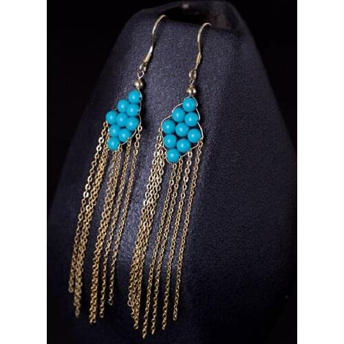 Creative Design Handmade Diy925 Silver Ethnic Style Earrings Female Temperament Blue Turquoise Tassel Mid-Length Ear Hook