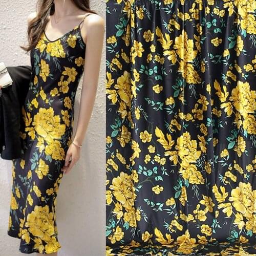 100x145cm Fashion Week Yellow Peony Printed Imitated Silk Satin Fabric For Woman Blouse Dress Pajamas Tela En tissu Sewing DIY