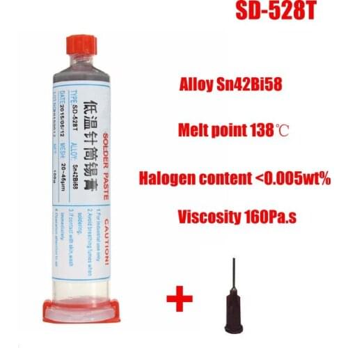 Original 100g Sn42Bi58 SD-528T low temperature SMT LED lead free SMT solder paste Melting Point 138 Degree +needles