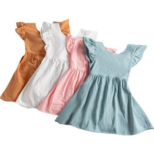 2-6Y Girl’s Summer Pleated Fly Sleeve Dress Fresh Solid Color Bow Backless Children A-line Princess Dress