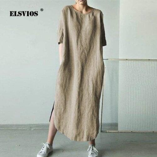 ELSVIOS Pocket Linen Dress Women Casual Loose Summer Half Sleeve long Dresses Ladies solid O neck Robe Vestidos Femme Plus Size