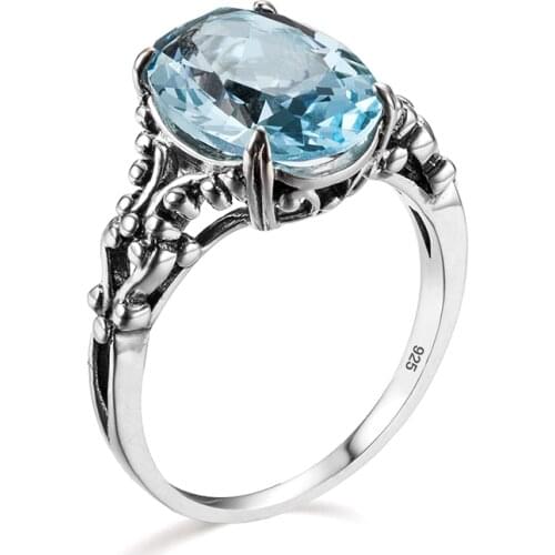 Real 925 Sterling Silver Womens Rings Fine Jewelry Aquamarine Ring Neo-Gothic Oval Shape Gemstones Wedding Bands Jewellery Gift